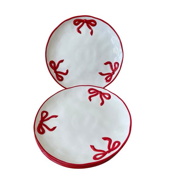 Hand Painted Coquette Red Bow Dinner Plates 10.25in White Ceramic Set of 4 NEW - Picture 9 of 13